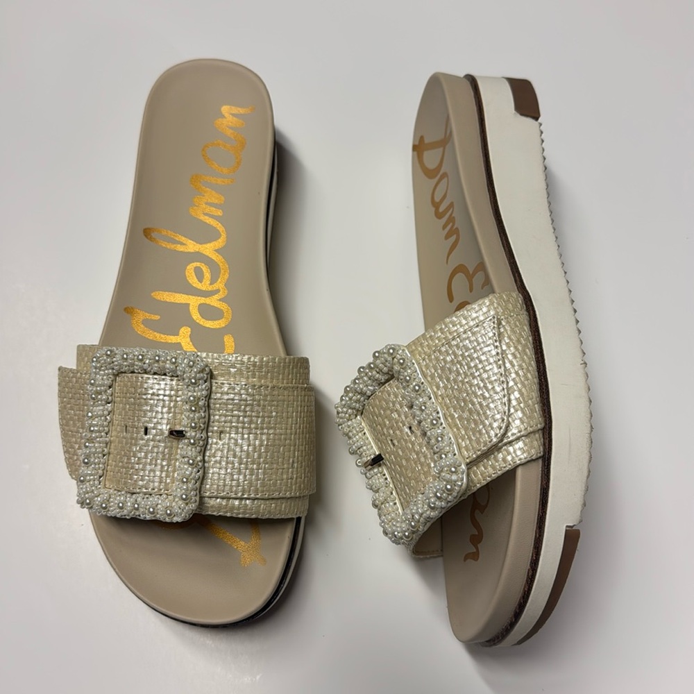 Sam Edelman Ariane Beads Fabric Embellished Buckle Platform Slide Sandals- Plati
